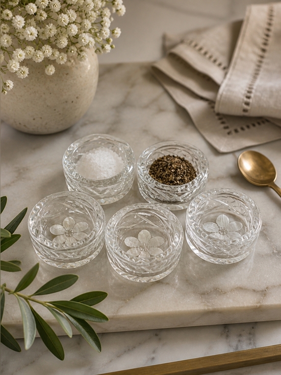 Vintage Other - SALE! Set of 5 Glass Open Salt Cellars, Etched Floral And Sawtooth Rim